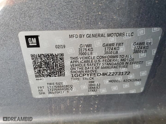 2019 Chevrolet Silverado 1500 LT Trail Boss with VIN 1GCPYFED4KZ273172, listed as a Copart auction lot 44144465 with 105,124 mi miles and Salvage Title. Bid and sale history available at carsss.com. Image 12.