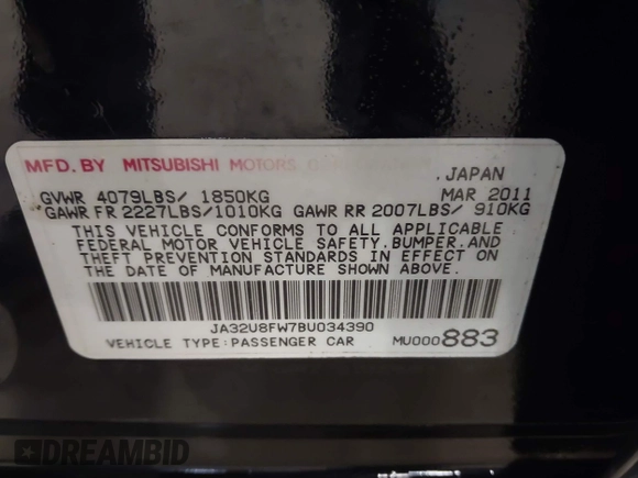 2011 Mitsubishi Lancer GTS with VIN JA32U8FW7BU034390, listed as a IAAI auction lot 41643536 with 130,319 mi miles and . Bid and sale history available at carsss.com. Image 9.