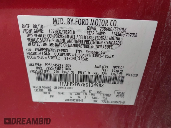 2011 Ford Taurus Limited with VIN 1FAHP2FW7BG124983, listed as a IAAI auction lot 41794287 with 125,969 mi miles and . Bid and sale history available at carsss.com. Image 9.