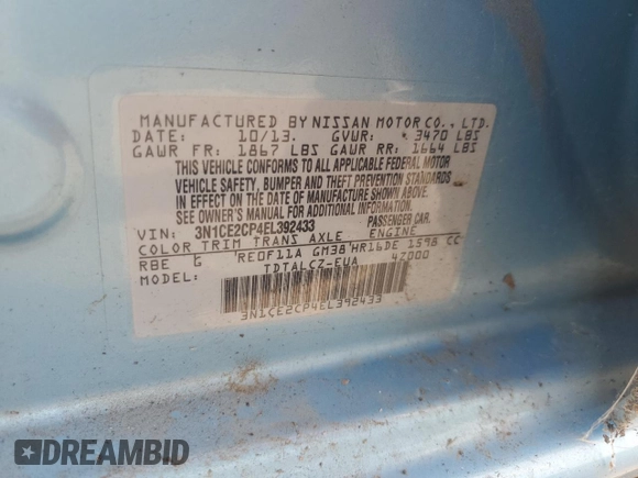 2014 Nissan Note S with VIN 3N1CE2CP4EL392433, listed as a Copart auction lot 53110475 with Not Provided miles and Clean Title. Bid and sale history available at DreamBid. Image 12.