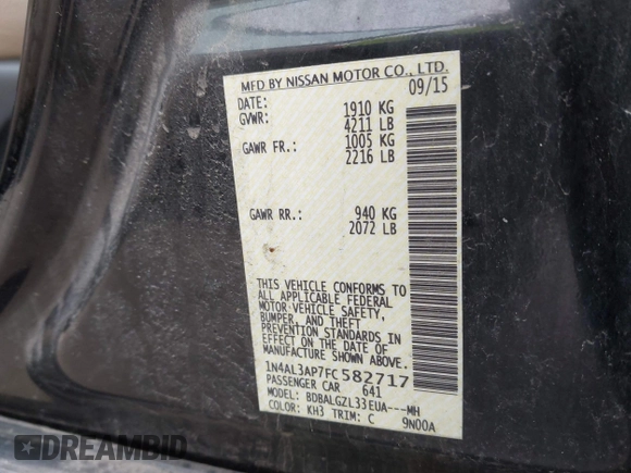 2015 Nissan Altima 2.5 SV with VIN 1N4AL3AP7FC582717, listed as a IAAI auction lot 42073631 with 137,788 mi miles. Bid and sale history available at carsss.com. Image 9.