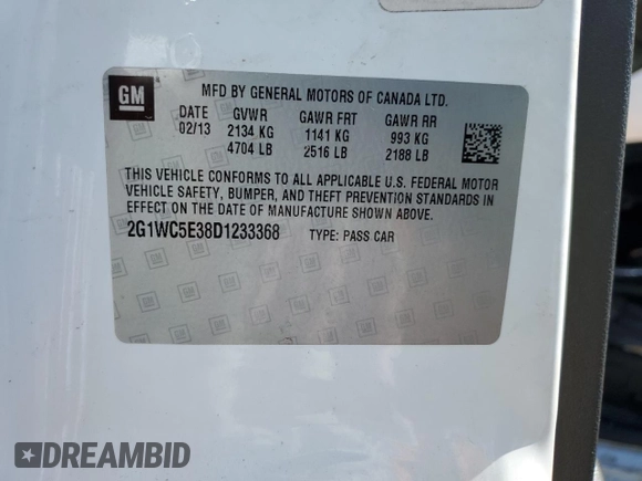 2013 Chevrolet Impala LTZ with VIN 2G1WC5E38D1233368, listed as a Copart auction lot 48573165 with Not Provided miles and Salvage Title. Bid and sale history available at DreamBid. Image 12.