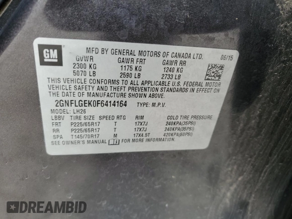 2015 Chevrolet Equinox LT with VIN 2GNFLGEK0F6414164, listed as a Copart auction lot 84536124 with 163,206 mi miles and Salvage Title. Bid and sale history available at carsss.com. Image 13.