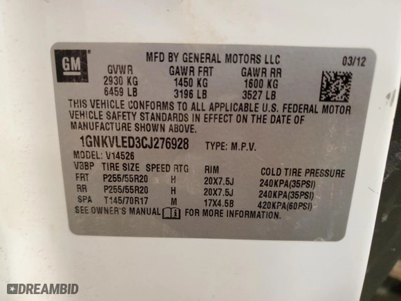 2012 Chevrolet Traverse LTZ with VIN 1GNKVLED3CJ276928, listed as a Copart auction lot 51616675 with 276,697 mi miles and Clean Title. Bid and sale history available at carsss.com. Image 14.