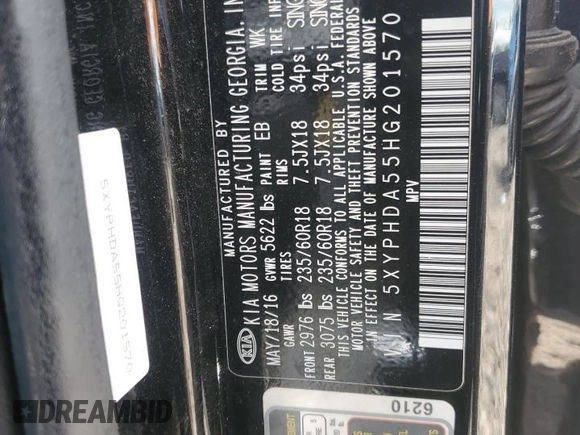 2017 Kia Sorento EX with VIN 5XYPHDA55HG201570, listed as a Copart auction lot 57595985 with 129,698 mi miles and Salvage title. Bid and sale history available at DreamBid. Image 14.