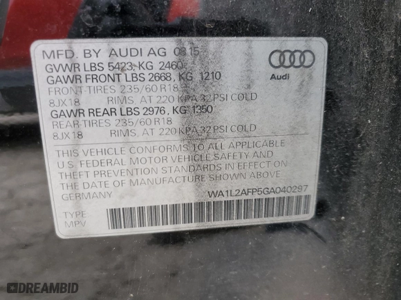 2016 Audi Q5 Premium Plus with VIN WA1L2AFP5GA040297, listed as a Copart auction lot 50038065 with 90,905 mi miles and Clean Title. Bid and sale history available at carsss.com. Image 13.