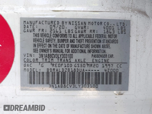2020 Nissan Sentra SV z VIN 3N1AB8CV3LY303100, wystawiony jako IAAI lot #41588362 z przebiegiem 77 097 mil mil oraz . Historia ofert i sprzedaży dostępna na DreamBid. Obrazek 9.