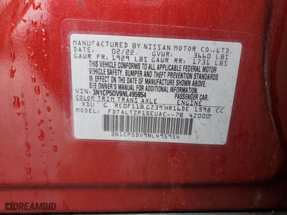 2022 Nissan Kicks SR with VIN 3N1CP5DV9NL495954, listed as a Copart auction lot 48187415 with 58,395 mi miles and Salvage Title. Bid and sale history available at carsss.com. Image 13.