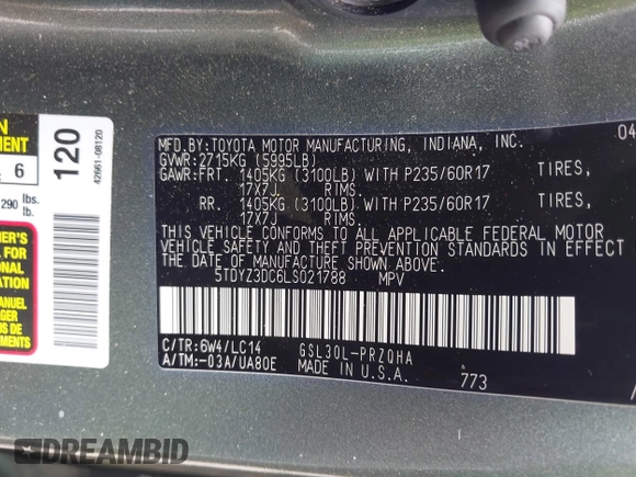 2020 Toyota Sienna XLE Auto Access Seat z VIN 5TDYZ3DC6LS021788, wystawiony jako IAAI lot #42178834 z przebiegiem 132 107 mil mil oraz . Historia ofert i sprzedaży dostępna na DreamBid. Obrazek 9.
