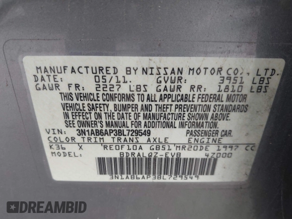 2011 Nissan Sentra 2.0 with VIN 3N1AB6AP3BL729549, listed as a IAAI auction lot 41209847 with 174,418 mi miles and . Bid and sale history available at DreamBid. Image 9.