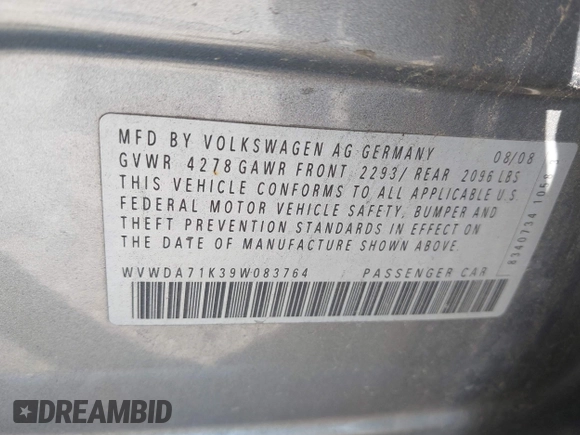 2009 Volkswagen Rabbit S z VIN WVWDA71K39W083764, wystawiony jako IAAI lot #42051848 z przebiegiem 164 403 mil mil oraz . Historia ofert i sprzedaży dostępna na DreamBid. Obrazek 9.