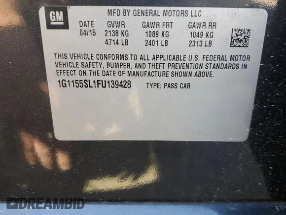 2015 Chevrolet Impala LTZ with VIN 1G1155SL1FU139428, listed as a Copart auction lot 52163775 with 279,616 mi miles and Salvage Title. Bid and sale history available at DreamBid. Image 14.