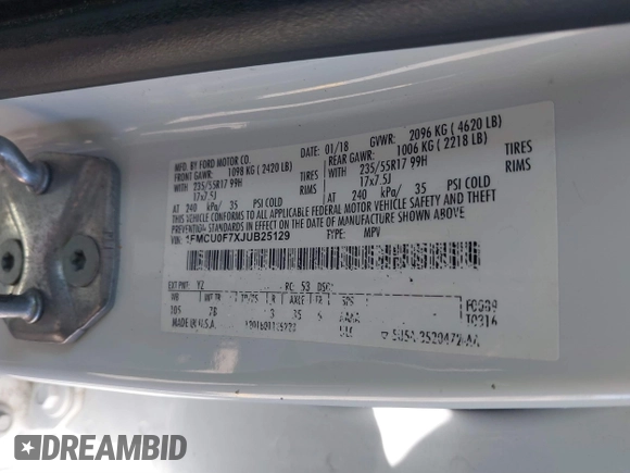2018 Ford Escape S with VIN 1FMCU0F7XJUB25129, listed as a IAAI auction lot 41835894 with 122,645 mi miles and . Bid and sale history available at DreamBid. Image 9.