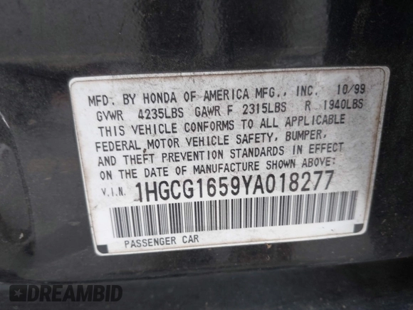 2000 Honda Accord EX с VIN 1HGCG1659YA018277, выставлен на аукционе IAAI как лот 42334541 с пробегом 243 362 миль миль и . История ставок и продаж доступна на DreamBid. Изображение 9.