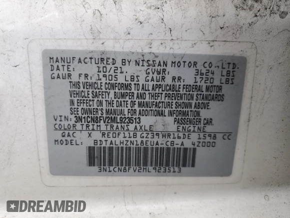 2021 Nissan Versa SR with VIN 3N1CN8FV2ML923513, listed as a Copart auction lot 54271005 with 201,657 mi miles and Salvage title. Bid and sale history available at DreamBid. Image 13.