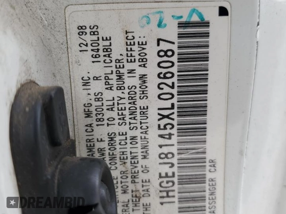 1999 Honda Civic EX with VIN 1HGEJ8145XL026087, listed as a Copart auction lot 49727824 with 118,833 mi miles and Salvage Title. Bid and sale history available at carsss.com. Image 12.