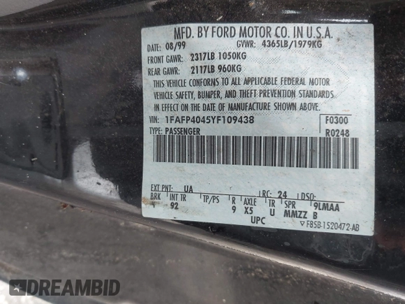 2000 Ford Mustang with VIN 1FAFP4045YF109438, listed as a IAAI auction lot 41659827 with Not provided miles and . Bid and sale history available at DreamBid. Image 9.