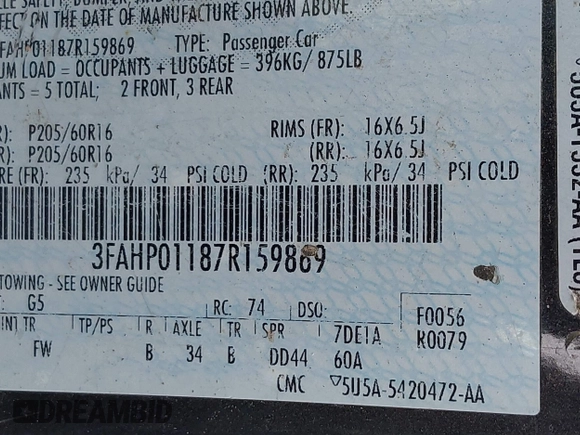 2007 Ford Fusion SE with VIN 3FAHP01187R159869, listed as a IAAI auction lot 41871192 with 173,189 mi miles. Bid and sale history available at carsss.com. Image 9.