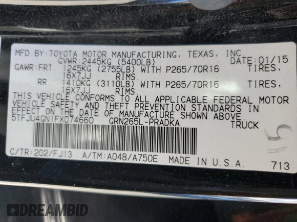 2015 Toyota Tacoma PreRunner with VIN 5TFJU4GN1FX074660, listed as a Copart auction lot 57364995 with 169,185 mi miles and Salvage title. Bid and sale history available at DreamBid. Image 12.