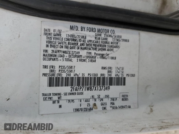 2007 Ford Police Interceptor z VIN 2FAFP71W87X137349, wystawiony jako Copart lot #38533934 z przebiegiem Nie podano mil oraz Szkoda całkowita • Salvage title. Historia ofert i sprzedaży dostępna na DreamBid. Obrazek 12.
