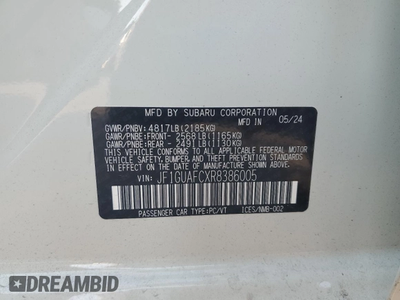 2024 Subaru Impreza Sport with VIN JF1GUAFCXR8386005, listed as a Copart auction lot 69792634 with 279 mi miles and Salvage Title. Bid and sale history available at carsss.com. Image 12.