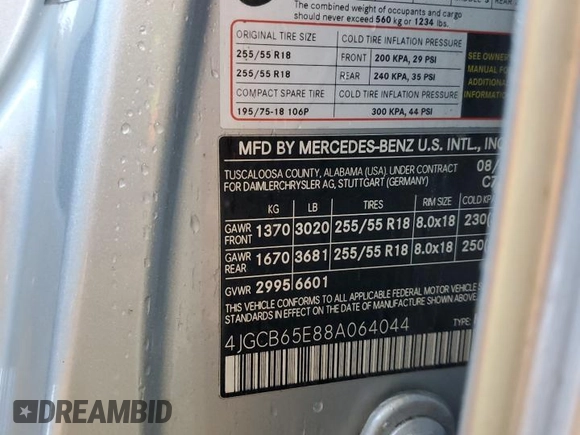 2008 Mercedes-Benz R 3.5L with VIN 4JGCB65E88A064044, listed as a Copart auction lot 61791755 with 192,038 mi miles and Clean title. Bid and sale history available at DreamBid. Image 13.