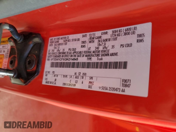 2016 Ford F-150 XL with VIN 1FTEW1CFXGKD14845, listed as a Copart auction lot 60983275 with 197,236 mi miles and Clean title. Bid and sale history available at DreamBid. Image 12.