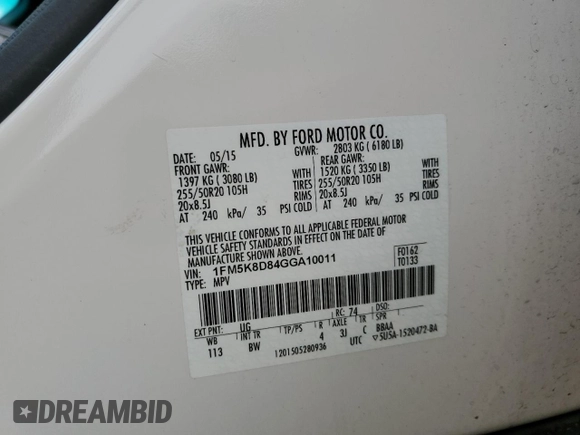 2016 Ford Explorer XLT with VIN 1FM5K8D84GGA10011, listed as a Copart auction lot 56242295 with 63,743 mi miles and Salvage Title. Bid and sale history available at DreamBid. Image 13.
