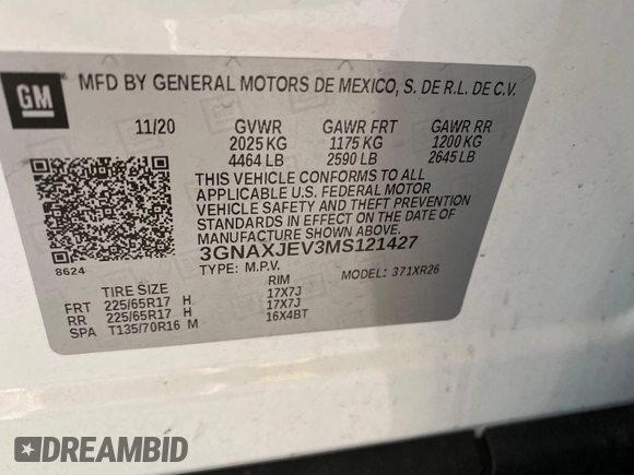 2021 Chevrolet Equinox LT with VIN 3GNAXJEV3MS121427, listed as a IAAI auction lot 42624683 with 46,434 mi miles and . Bid and sale history available at DreamBid. Image 6.