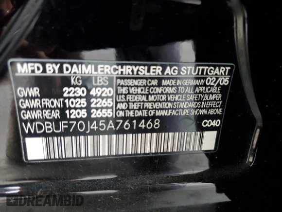 2005 Mercedes-Benz E 5.0L with VIN WDBUF70J45A761468, listed as a Copart auction lot 49500225 with 91,692 mi miles and Salvage Title. Bid and sale history available at carsss.com. Image 12.