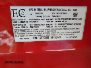 2022 Tesla Model Y Long Range with VIN 7SAYGDEE1NF458443, listed as a Copart auction lot 46497265 with 59,721 mi miles and Salvage Title. Bid and sale history available at carsss.com. Image 12.