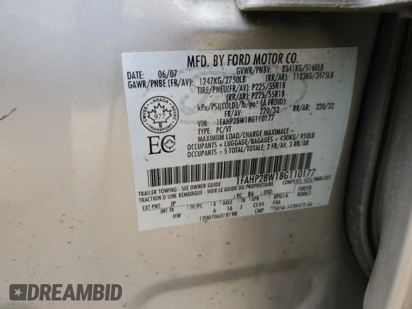 2008 Ford Taurus Limited with VIN 1FAHP28W18G110177, listed as a Copart auction lot 74903664 with 250,788 mi miles and Salvage title. Bid and sale history available at DreamBid. Image 13.