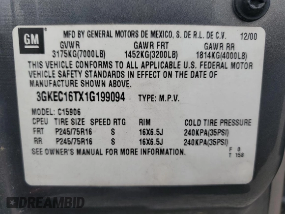 2001 GMC Yukon XL SLT with VIN 3GKEC16TX1G199094, listed as a Copart auction lot 44598065 with 160,875 mi miles and Salvage Title. Bid and sale history available at carsss.com. Image 15.
