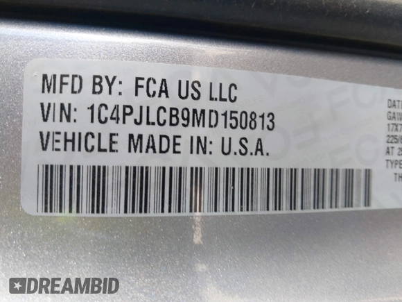 2021 Jeep Cherokee Latitude with VIN 1C4PJLCB9MD150813, listed as a IAAI auction lot 41411582 with 36,383 mi miles. Bid and sale history available at carsss.com. Image 9.