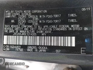 2020 Toyota 4Runner SR5 with VIN JTEZU5JR0L5214205, listed as a IAAI auction lot 42056527 with 159,814 mi miles and . Bid and sale history available at DreamBid. Image 9.