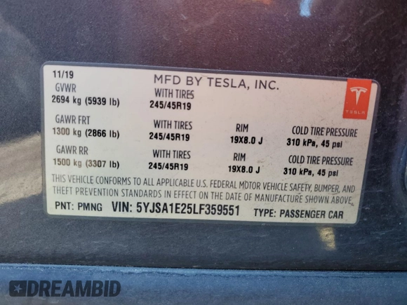 2020 Tesla Model S Long Range with VIN 5YJSA1E25LF359551, listed as a Copart auction lot 41495655 with Not provided miles and Clean title. Bid and sale history available at DreamBid. Image 14.