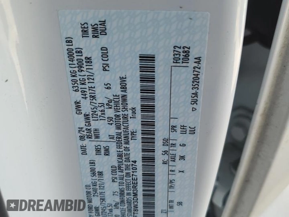 2024 Ford F-350 XL z VIN 1FT8W3DM3REE71074, wystawiony jako Copart lot #47314135 z przebiegiem 24 427 mil mil oraz Szkoda całkowita • Salvage title. Historia ofert i sprzedaży dostępna na DreamBid. Obrazek 15.