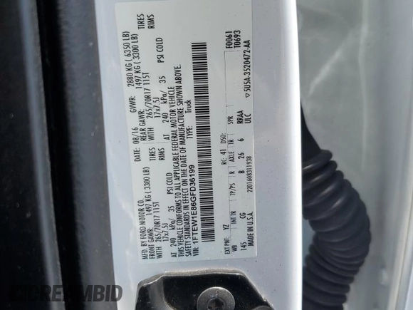2016 Ford F-150 XLT с VIN 1FTEW1E86GFD36199, выставлен на аукционе Copart как лот 58247855 с пробегом 156 879 миль миль и Списание • Salvage title. История ставок и продаж доступна на DreamBid. Изображение 12.