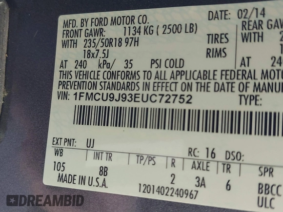 2014 Ford Escape Titanium with VIN 1FMCU9J93EUC72752, listed as a IAAI auction lot 41827668 with 91,194 mi miles and . Bid and sale history available at DreamBid. Image 9.