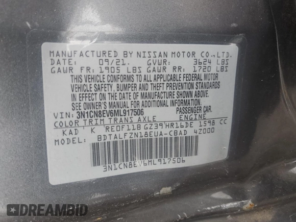 2021 Nissan Versa SV with VIN 3N1CN8EV6ML917506, listed as a Copart auction lot 60852975 with 22,331 mi miles and Salvage title. Bid and sale history available at DreamBid. Image 12.