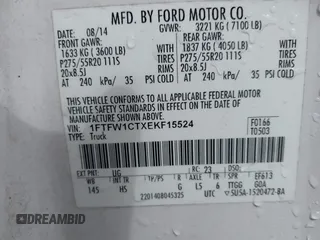 2014 Ford F-150 XL with VIN 1FTFW1CTXEKF15524, listed as a IAAI auction lot 42109740 with 154,554 mi miles and . Bid and sale history available at DreamBid. Image 9.