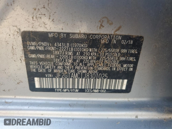 2018 Subaru Crosstrek Limited with VIN JF2GTAMC1J8301025, listed as a Copart auction lot 62086265 with 198,598 mi miles and Salvage title. Bid and sale history available at DreamBid. Image 12.