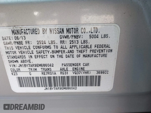 2014 Infiniti Q50 Premium with VIN JN1BV7AR9EM686042, listed as a IAAI auction lot 41737846 with 107,729 mi miles. Bid and sale history available at carsss.com. Image 9.