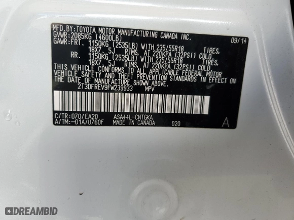 2015 Toyota RAV4 Limited with VIN 2T3DFREV9FW239933, listed as a Copart auction lot 45512155 with 125,401 mi miles and Salvage Title. Bid and sale history available at carsss.com. Image 12.