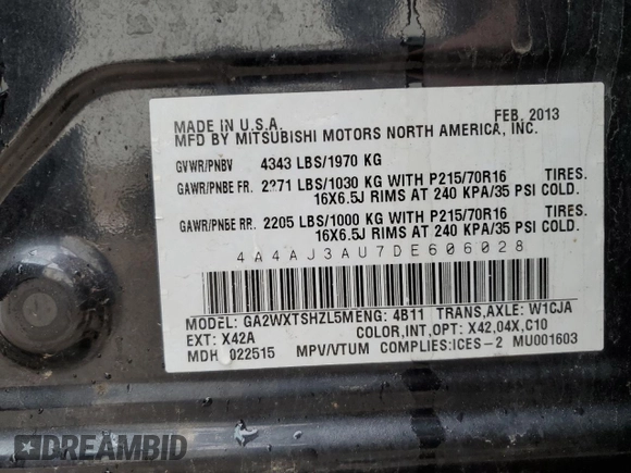 2013 Mitsubishi Outlander Sport SE with VIN 4A4AJ3AU7DE606028, listed as a Copart auction lot 87848165 with Not provided miles and Salvage title. Bid and sale history available at DreamBid. Image 14.