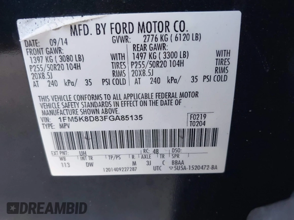 2015 Ford Explorer XLT with VIN 1FM5K8D83FGA85135, listed as a IAAI auction lot 41989232 with 149,493 mi miles. Bid and sale history available at carsss.com. Image 9.