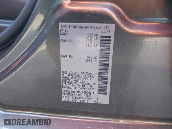 2024 Nissan Altima 2.5 S with VIN 1N4BL4BV0RN380995, listed as a IAAI auction lot 41598019 with 17,408 mi miles. Bid and sale history available at carsss.com. Image 9.