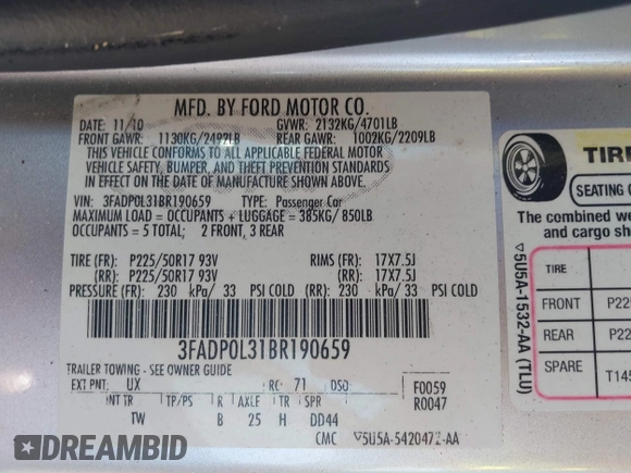 2011 Ford Fusion Hybrid with VIN 3FADP0L31BR190659, listed as a IAAI auction lot 42616065 with 122,095 mi miles and . Bid and sale history available at DreamBid. Image 9.