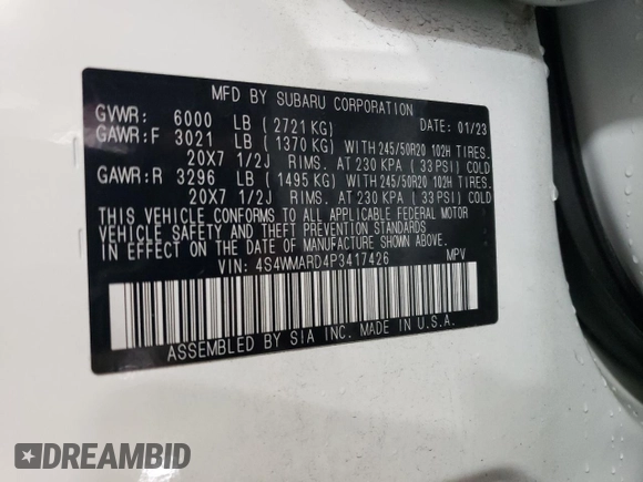 2023 Subaru Ascent Limited with VIN 4S4WMARD4P3417426, listed as a Copart auction lot 51251835 with 55,786 mi miles and Clean title. Bid and sale history available at DreamBid. Image 14.