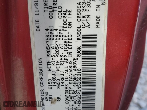 1992 Toyota Pickup DLX z VIN JT4RN93P1N5052818, wystawiony jako Copart lot #77344244 z przebiegiem 484 357 mil mil oraz Szkoda całkowita • Salvage title. Historia ofert i sprzedaży dostępna na DreamBid. Obrazek 12.